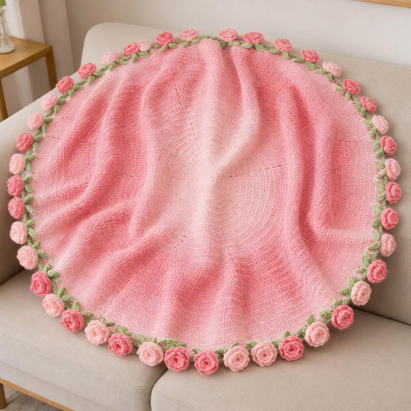 Handmade Crochet Rose Blanket, Soft Pink Floral Throw, Cozy Elegant Home Decor (47 inches)