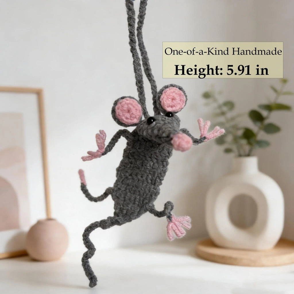 Handmade Crochet Rat Hanging Charm, Cute Crochet Animal Ornament, Car Mirror Hanging Accessory, Home Decor, Unique Crochet Gift for Kids