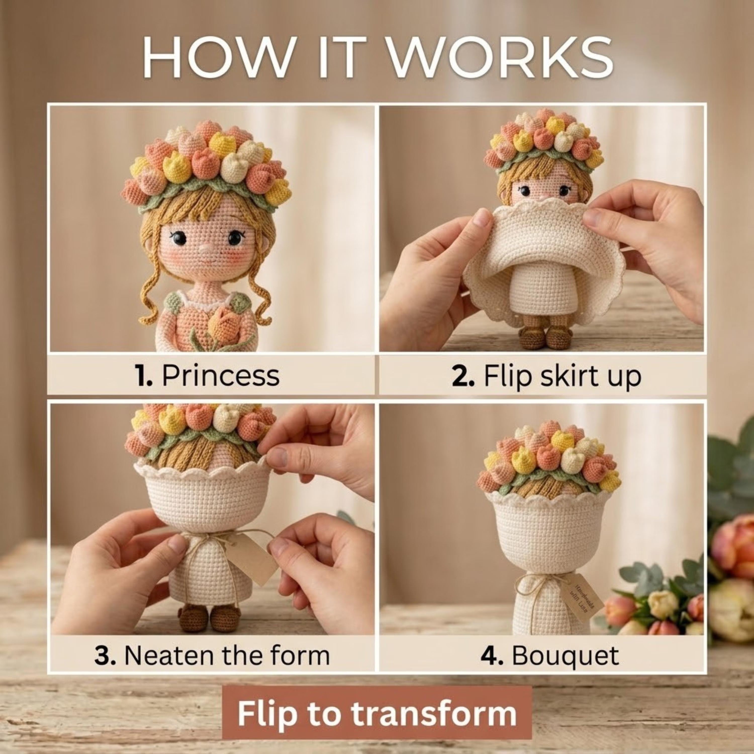 2 in 1 Flip Princess Flower Doll Bouquet Crochet Kit