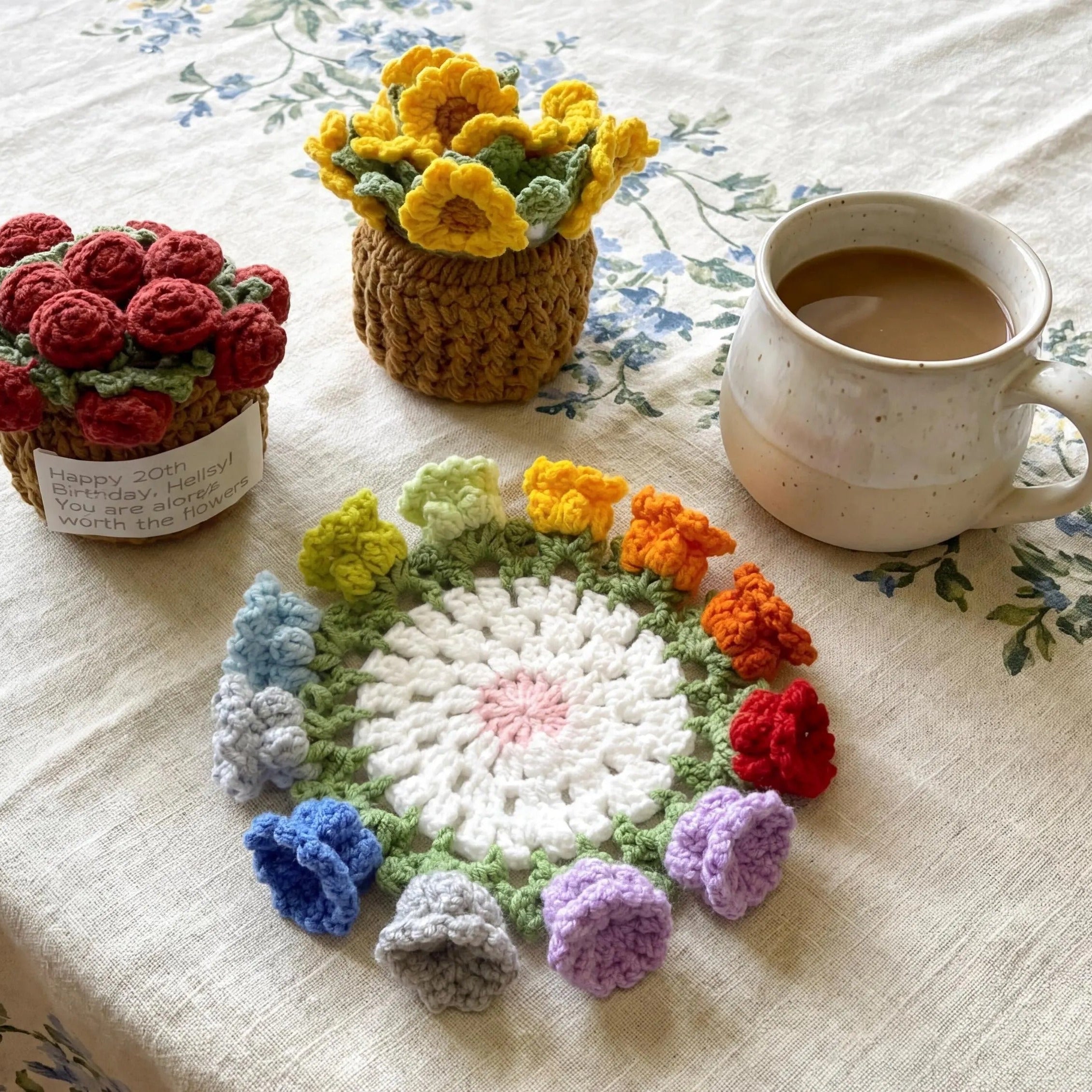 Rainbow Rose Bouquet Coasters Crochet Kit