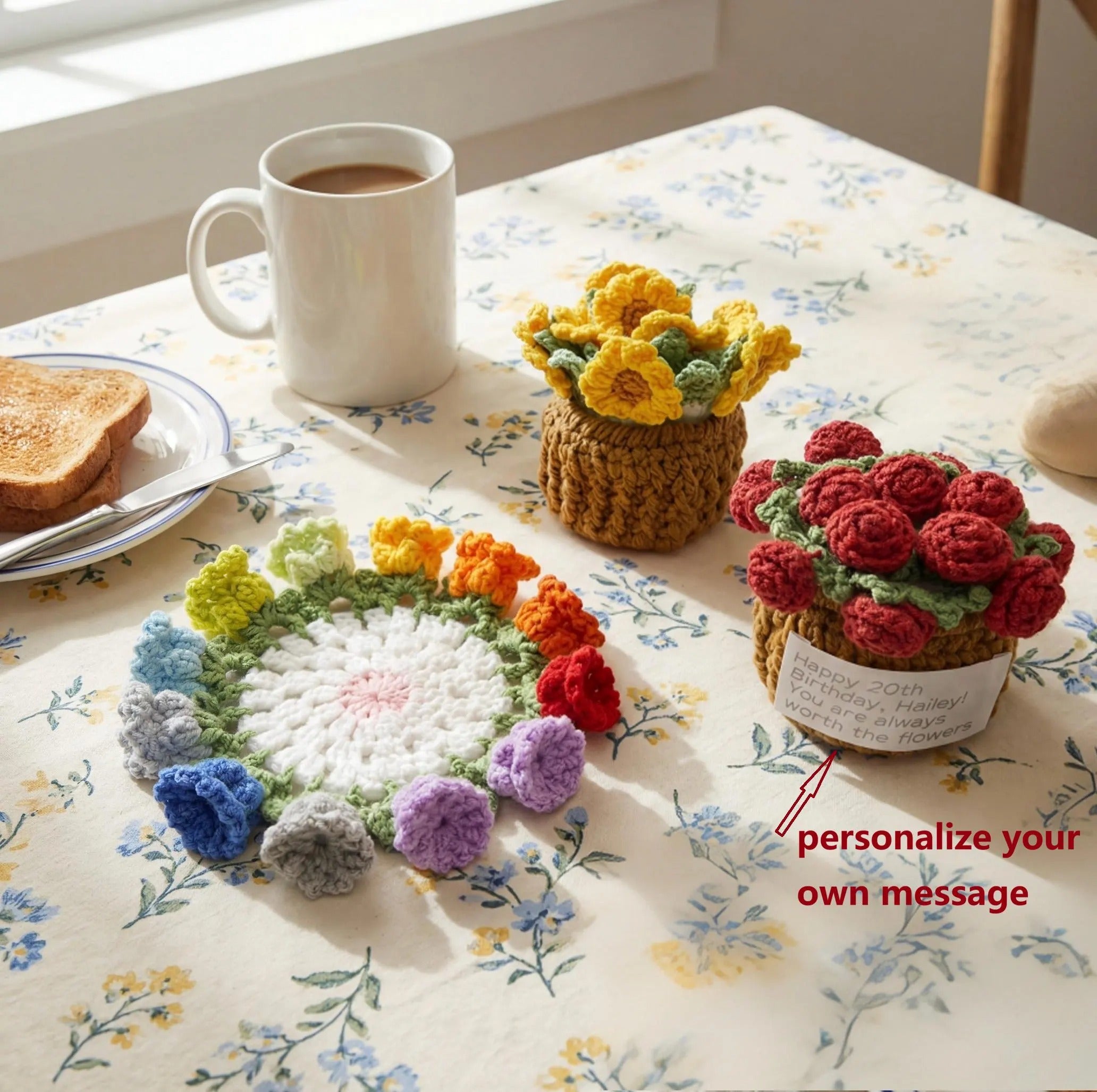 Rainbow Rose Bouquet Coasters Crochet Kit
