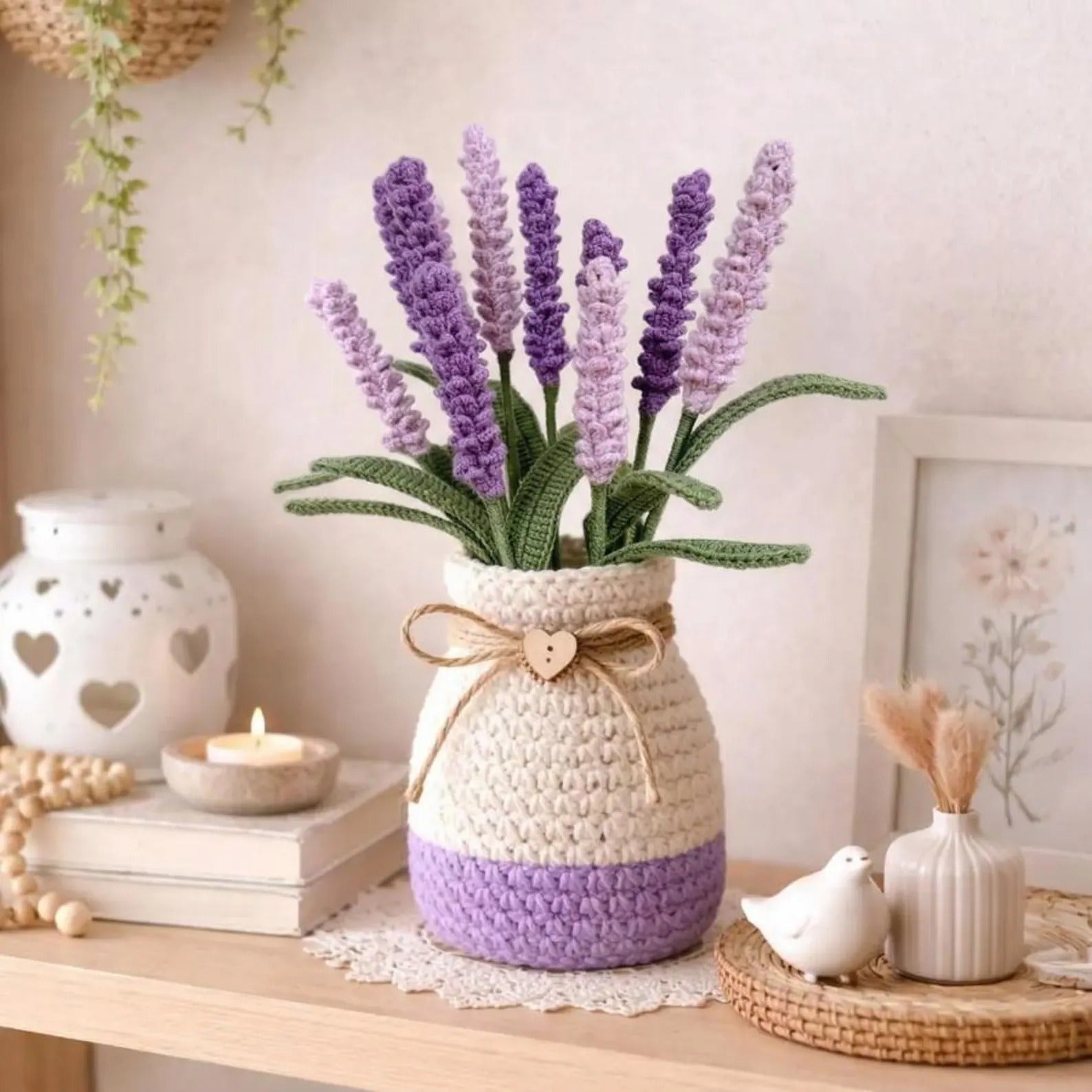 Handmade Crochet Lavender Bouquet, Light Purple & Purple Flowers, Desk Decor Home Gift