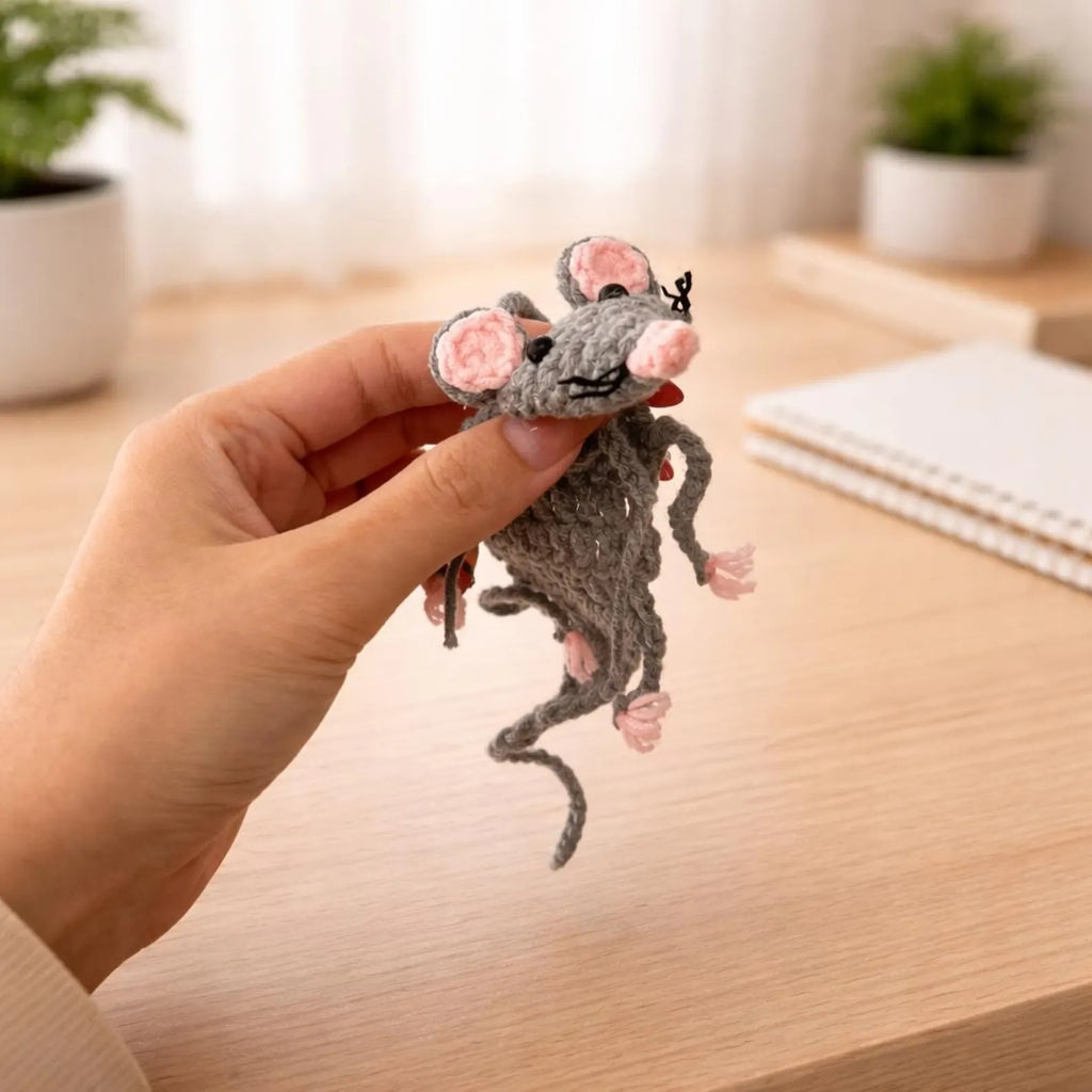 Handmade Crochet Rat Hanging Charm, Cute Crochet Animal Ornament, Car Mirror Hanging Accessory, Home Decor, Unique Crochet Gift for Kids