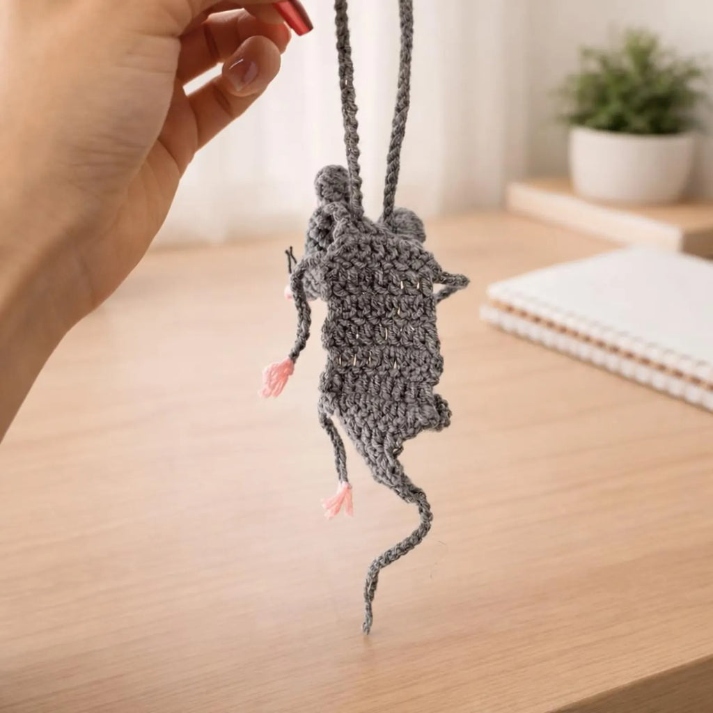 Handmade Crochet Rat Hanging Charm, Cute Crochet Animal Ornament, Car Mirror Hanging Accessory, Home Decor, Unique Crochet Gift for Kids